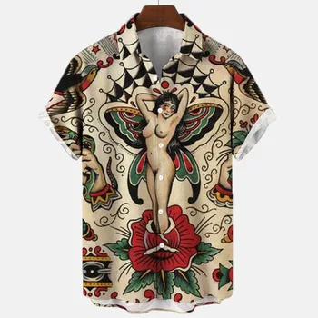 2022 Mermaid Retro Art 3d Цифровая печать, Мужская рубашка, Ретро Гавайская рубашка, Мужской Уличный Топ с коротким рукавом, Свободная Рубашка Для мужчин
