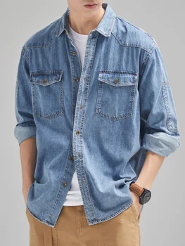2023 Новая джинсовая хлопковая мужская рубашка с длинным рукавом, черный, синий, с заниженными плечами, с карманами на пуговицах, ковбойские Свободные повседневные рабочие джинсовые рубашки