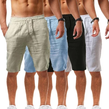 2023 Новые Мужские Хлопчатобумажные Льняные Шорты, Летние Повседневные Дышащие Однотонные льняные Короткие брюки, Уличная одежда для фитнеса, Брюки