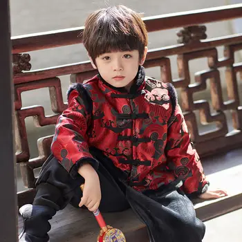 3 Стиля Традиционный Винтажный костюм в китайском стиле для мальчиков на Новый Год в стиле Тан 2 шт. Зимняя утепленная детская одежда Hanfu Древний костюм