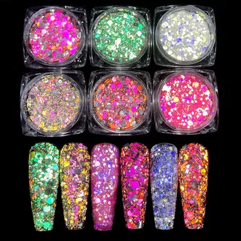 6 банок / комплект, супер блестящие светоотражающие разноцветные блестки, бриллианты, акриловые наклейки для дизайна ногтей, пайетки, маникюр, сделай сам, пудра, кусочки, подвески