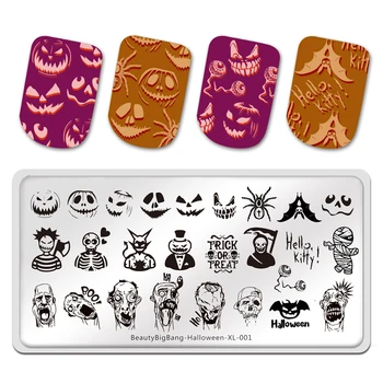 BeautyBigBang Хэллоуин XL-001 Пластины для тиснения, Дьявольская тыква, зомби, Трафарет из нержавеющей стали, дизайн ногтей, штамп, шаблон