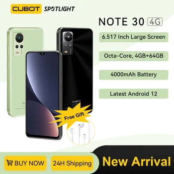 Cubot Note 30, Android-смартфон, восьмиядерный, 4 ГБ + 64 ГБ (256 ГБ расширенной памяти), экран 6,517 дюйма, 4000 мАч, 20 Мп, Мобильный телефон 4G с двумя SIM-картами