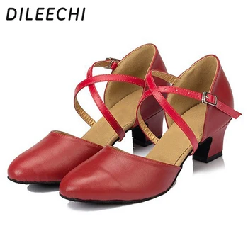 DILEECHI/ обувь для современных танцев, Обувь для латиноамериканских танцев, красные, черные туфли для бальных танцев из натуральной кожи, женские туфли на низком каблуке 4,5 см