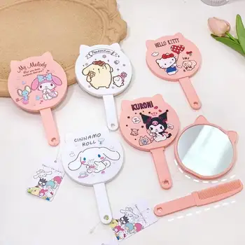 Kuromi Hello Kitty Mirror Ручное Зеркало Sanrio + набор расчески My Melody Портативные Зеркала с ручкой, Круглые Зеркала Kawaii, Подарок для девочки