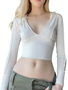 Louatui/ Женские укороченные топы с капюшоном, Длинный рукав, Глубокий V-образный вырез, однотонная приталенная футболка, блузка