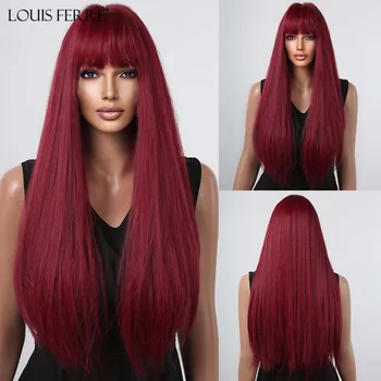 LOUIS FERRE Длинные Красные Прямые Синтетические парики с челкой, Винно-красный Парик для женщин, для косплея на Хэллоуин, Термостойкий парик