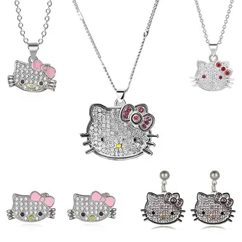 Sanrioed Hello Kitty Ожерелье Аниме Мода Бриллианты Сверкающая Серебряная Цепочка На Ключицы Y2K Кулон Студенческий Кавайный Подарок На День Рождения
