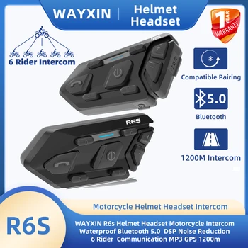 WAYXIN R6s Шлем Гарнитура Мотоциклетный Домофон Водонепроницаемый Bluetooth 5.0 DSP Шумоподавление 6 Rider Связь MP3 GPS 1200 м