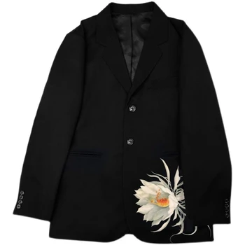 Yohji Yamamoto 23AW Осенне-зимние костюмы с принтом Эпифиллума в простом стиле для Мужчин, Повседневный Блейзер, пальто, Однобортные куртки