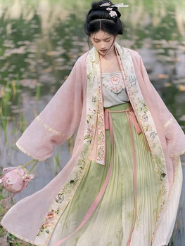 Бледно-розовая Плоская вышивка с длинным рукавом BeiZi Green Лучший поясной шелковый пояс Hanfu Женское летнее платье Day