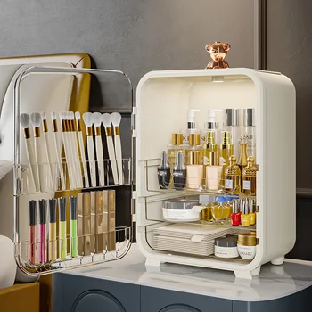 Большая коробка для хранения косметики со светодиодной подсветкой для макияжа, органайзеры для женщин, водонепроницаемые и пылезащитные, с зеркальным туалетным столиком