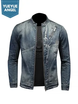 Винтажная весенняя новая мужская джинсовая куртка в байкерском стиле со стоячим воротником на молнии, приталенная высококачественная ковбойская куртка-карго, повседневная уличная одежда, топ