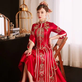 Винтажное свадебное платье с блестками, украшенное бисером и кисточками, банкетное платье в китайском стиле с вышивкой Cheongsam HanFu