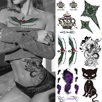 Водонепроницаемые временные татуировки, Поддельные татуировки, Корона Королевы Цветов, Милый кот, Сексуальные крылья, Татуировка для переноса Боди-арта для женщин и мужчин