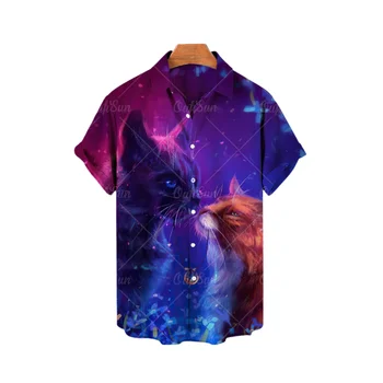 Гавайская мужская рубашка с милым принтом кота, летняя 3D Негабаритная Свободная Повседневная Однобортная с Лацканами, Тропический дизайнерский топ с короткими рукавами