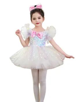 Желто-белая Детская Бальная одежда, расшитое блестками платье-пачка для современных танцев, танцевальный костюм для девочек, одежда для сцены, Свадебные платья принцесс