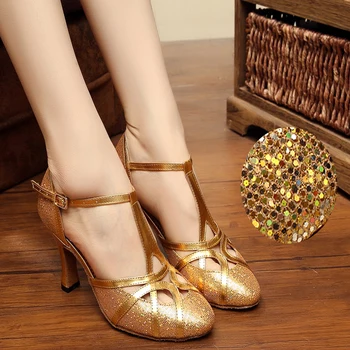 Женская обувь для латиноамериканских танцев, разноцветные блестки, джаз, современные танцы, женские туфли на Высоком каблуке 8 см, золотистый шлейф, впитывающий пот