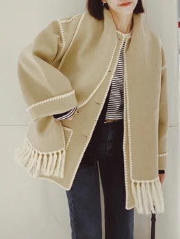 Женские пальто 2023, Осенне-зимний Новый двусторонний шарф с бахромой, Свободная Повседневная куртка средней длины с вышивкой