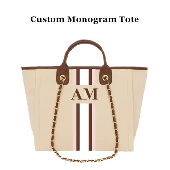 Индивидуальная сумка-тоут monogramCanvas кремового цвета с темно-коричневыми ручками, полосатая холщовая сумка размера Big Mama и mini, дорожные сумки-тотализаторы