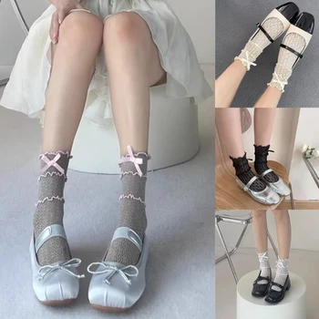 Кружевные носки из телячьей кожи с бантом, Средний носок-трубка, Летний Открытый Чулок для студенток, женские носки в японском стиле T8NB