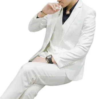 (Куртка + брюки + жилет) Белые мужские костюмы, смокинги для жениха, 3 предмета, свадебные костюмы больших размеров, Официальный деловой костюм для мужчин