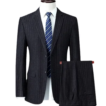 (Куртка + брюки) Классический костюм в полоску, деловой повседневный комплект из 2 предметов, Высококачественный Мужской Блейзер, Брюки, Жилет, Мужская Одежда
