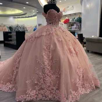 Милое Розовое Бальное Платье с открытыми плечами, Пышные Платья с 3D Цветочной Аппликацией, Милое Платье на 16 15 Лет, Праздничное Платье Vestido De 15 Anos