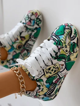 Модная женская обувь для бега, повседневные кроссовки на платформе со шнуровкой спереди и рисунком из искусственной кожи
