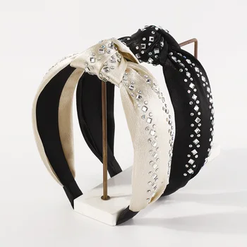 Модная повязка на голову с бриллиантами, простая и элегантная повязка на голову из ткани с геометрическим широким краем