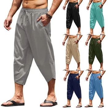 Мужские летние брюки длиной до икр, мужская уличная одежда, хлопковые льняные шаровары, повседневные дышащие пляжные брюки в китайском стиле, мода 2023 года