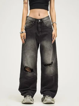 Мужские Прямые джинсы YIHANKE в американском ретро стиле, выстиранные, Унисекс, джинсовые брюки с дырками на высоких улицах, весенние мешковатые джинсы