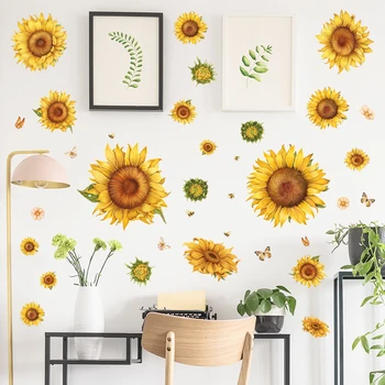Наклейки на стену с подсолнухом, виниловая наклейка с растениями для украшения гостиной, кабинета, самоклеящиеся обои с цветами, Домашний декор