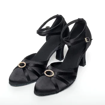 Новая мода женщин горный хрусталь кнопки Латинская танцевальная обувь Женская мягкая замшевая подошва бальные танцы танго сандалии черный высокий каблук 7см