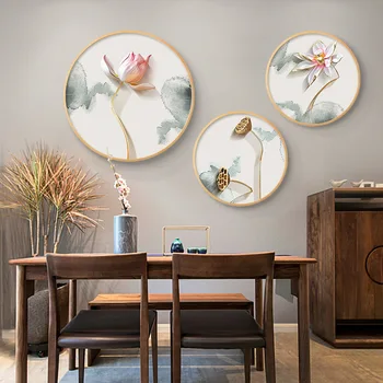 Новый Китайский стиль Настенное искусство Цветок лотоса Холст картины Украшение дома круглый плакат в деревянной рамке для гостиной