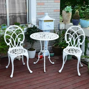 Новый литой алюминиевый набор для Бистро всепогодный хорошего качества Балкон кофе металл 3 шт. компл. патио садовые стулья стол белого цвета распродажа