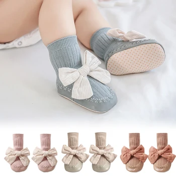 Осенне-зимние носки для новорожденных, Носки с бантом для новорожденных, Обувь для прогулок, нескользящие мягкие хлопковые носки для пола