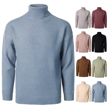 Осенне-зимние повседневные свободные мужские свитера с высоким воротом, модные мужские пуловеры, вязаный свитер, однотонный