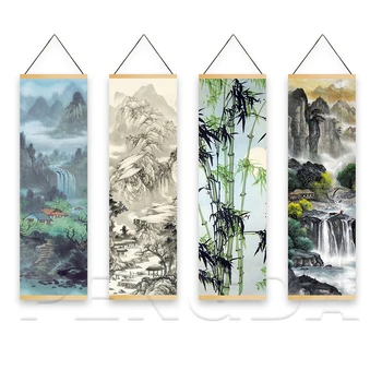 Печатный плакат на холсте в Скандинавском стиле, картина в виде свитка из дерева, Китайский пейзаж, Простой рисунок чернилами на воде, для подарка, домашний настенный декор