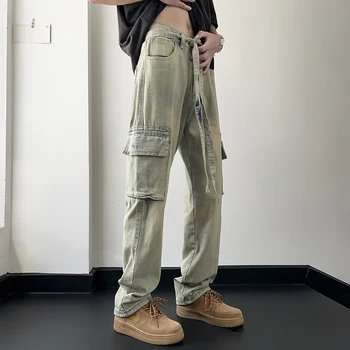 Ретро Мужские джинсы с множеством карманов, широкие брюки в стиле хип-хоп, уличные прямые корейские модные повседневные Свободные джинсовые брюки-карго B32