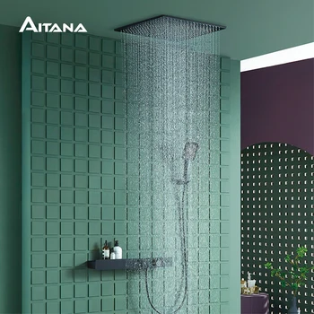 Роскошная черная душевая система для ванной комнаты, настенный дизайн, холодный и горячий водопад с двойным управлением, латунный термостатический кран
