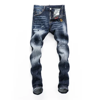 Роскошные мужские джинсы Высокого Качества в стиле Ретро синего Цвета, Эластичные, облегающие Рваные Джинсы, Мужские Дизайнерские джинсы, Значок бренда Hombre