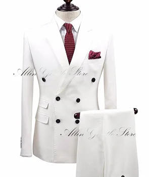 Свадебные смокинги, Белые костюмы, Комплект для мужчин, 2 предмета, Двубортное пальто + брюки, Вечернее платье, Брючные костюмы на заказ