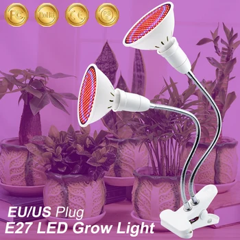 Светодиодный Светильник для растений с двойной Головкой, Полный Спектр, Лампа для Рассады в Теплице, Фито-Лампа 5 Вт, 7 Вт, 15 Вт, 20 Вт, Клипса для Выращивания в Помещении, Светодиодные лампы для выращивания в ЕС, Штепсельная Вилка