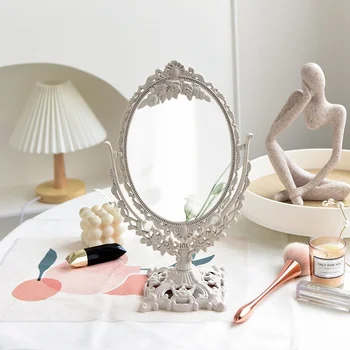Серебряное Пластиковое Винтажное декоративное зеркало Маленькое Круглое Зеркало для макияжа в спальне, Настольное Зеркало для комнаты, Стоящее Стеклянное зеркало