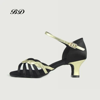 Танцевальная обувь на мягкой подошве, Бальные женские туфли для Латиноамериканских танцев, Импортный атлас, Черный Золотой КАБЛУК, Бриллиантовая пряжка, Носимая подошва, BD 2329, КАБЛУК 5,5 см