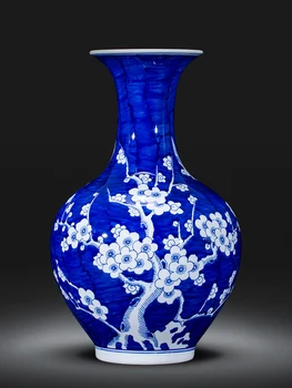Фарфоровая ваза Цзиндэчжэнь с цветочной композицией из старинного сине-белого фарфора ручной росписи 