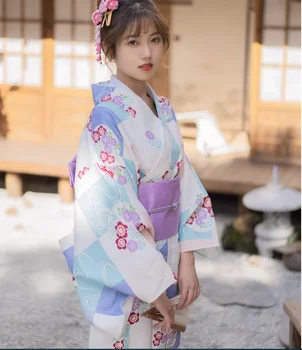 Японское кимоно-халат в стиле ретро, светло-фиолетовое платье с длинными рукавами